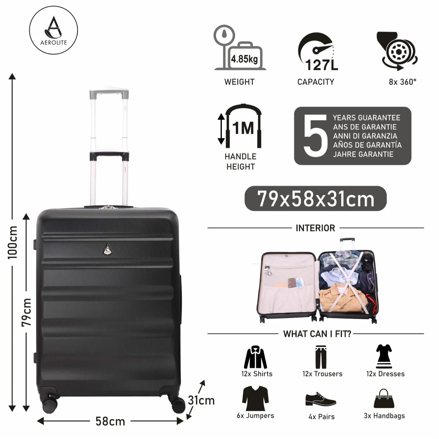 Aerolite 29" Large Lightweight Hard Shell Luggage Suitcase Spinner Suitcase with 8 Wheels, Latest 2025 Model, (79x58x31cm), 127L