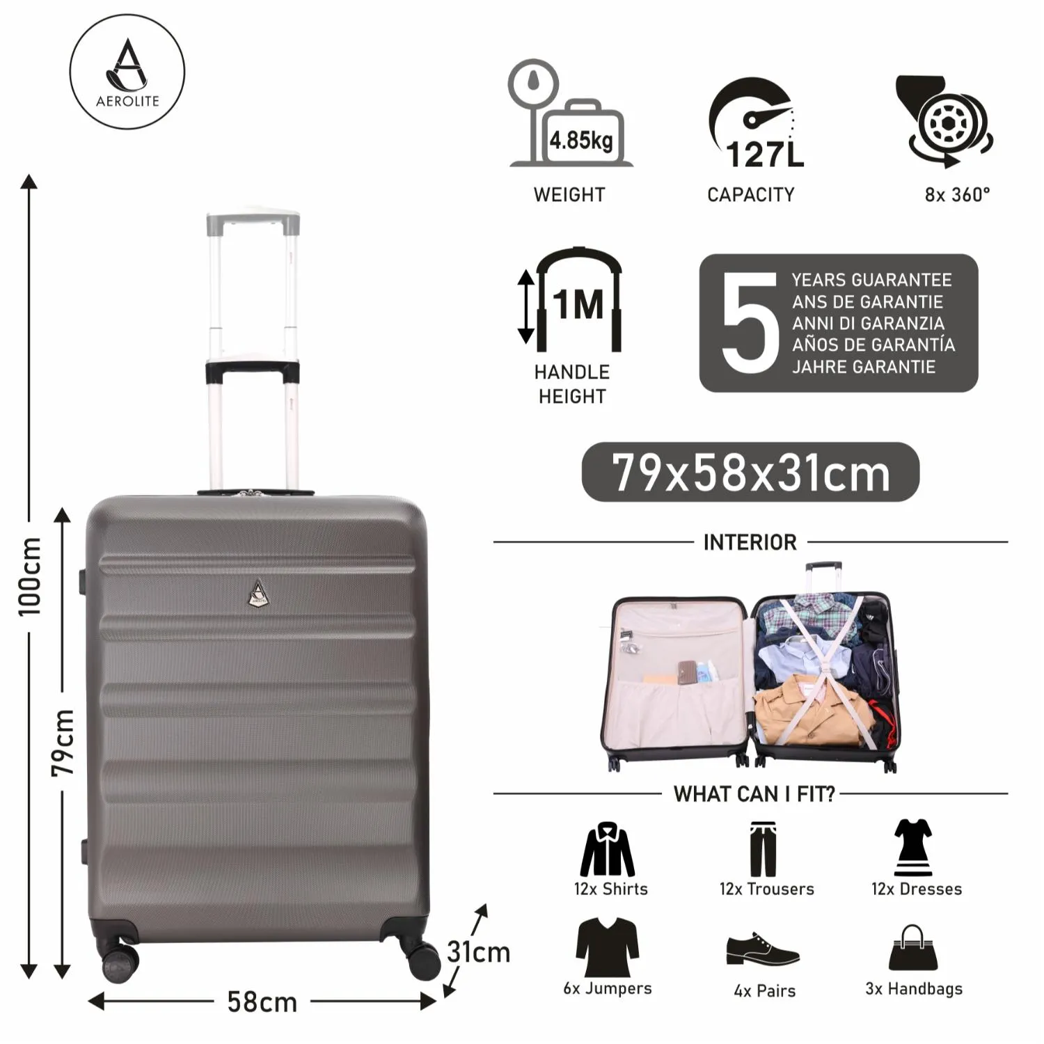 Aerolite 29" Large Lightweight Hard Shell Luggage Suitcase Spinner Suitcase with 8 Wheels, Latest 2025 Model, (79x58x31cm), 127L