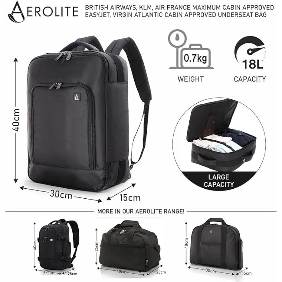 AEROLITE British Airways Max (40x30x15cm) New and Improved 2025, Max Size For BA, KLM, Air France, Approved For EasyJet, Virgin Atlantic Under Seat Flight Backpack, Black