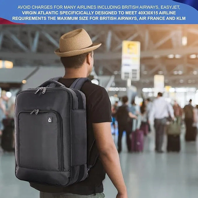 AEROLITE British Airways Max (40x30x15cm) New and Improved 2025, Max Size For BA, KLM, Air France, Approved For EasyJet, Virgin Atlantic Under Seat Flight Backpack, Black