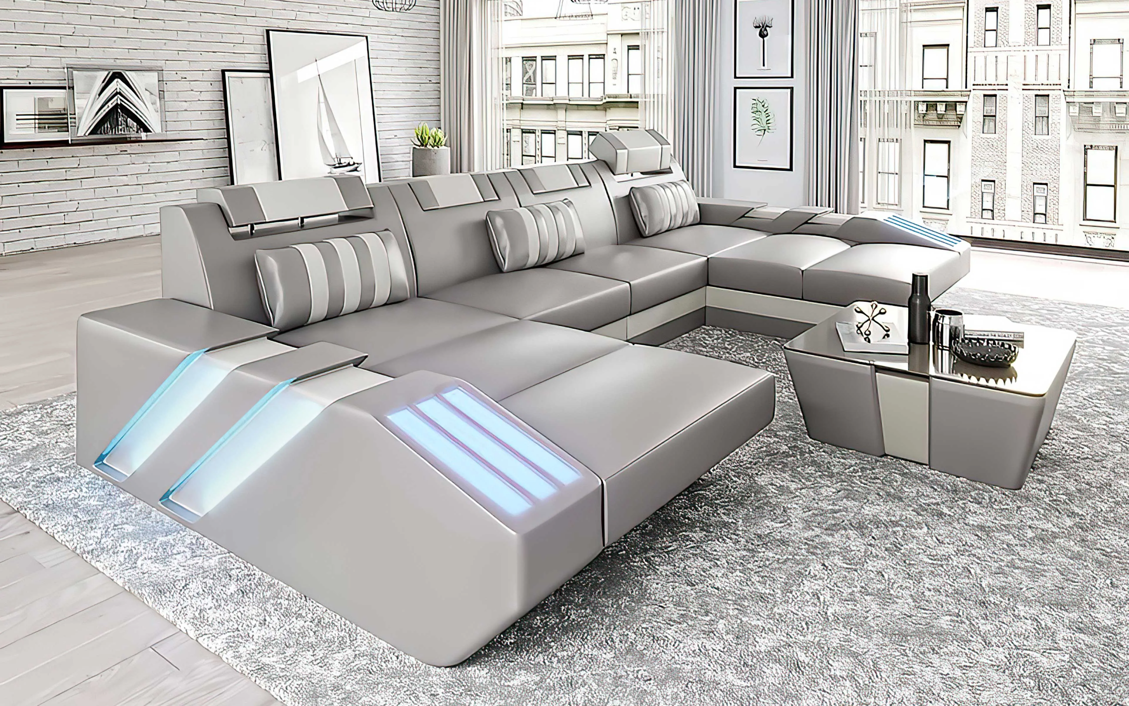 Cosmo U Shape Modern Leather Sectional with LED