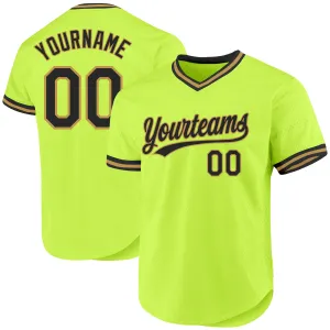 Custom Neon Green Black-Old Gold Authentic Throwback Baseball Jersey