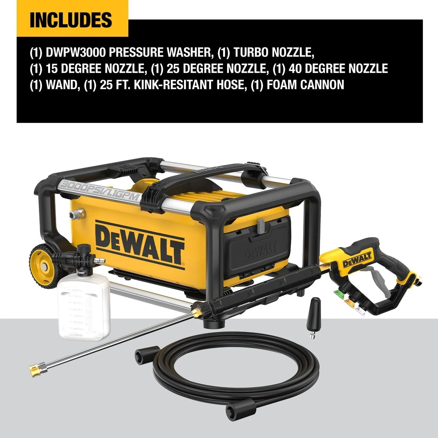 DEWALT DWPW3000-3000 Max PSI* 1.1 GPM 15 AMP Brushless Jobsite Electric Cold Water Pressure Washer