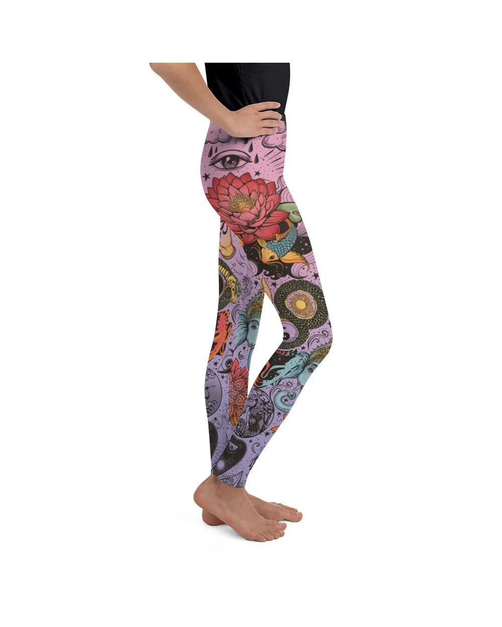 Pink Tattooed Lotus Youth Leggings