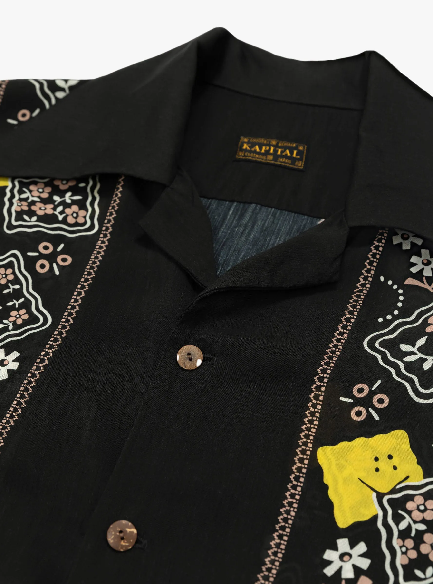 Silk Rayon Peckish Rainbowy Wrangle Cuban Collar Shirt Black