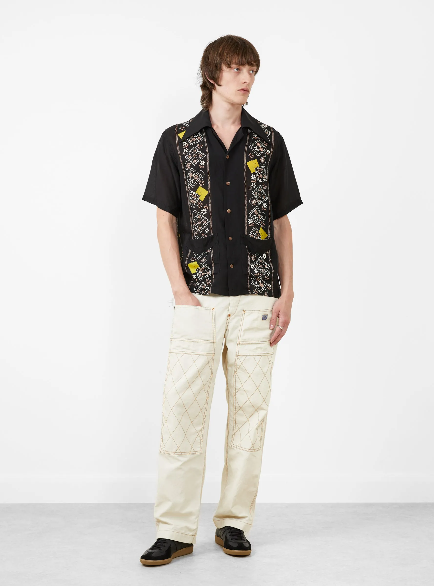 Silk Rayon Peckish Rainbowy Wrangle Cuban Collar Shirt Black