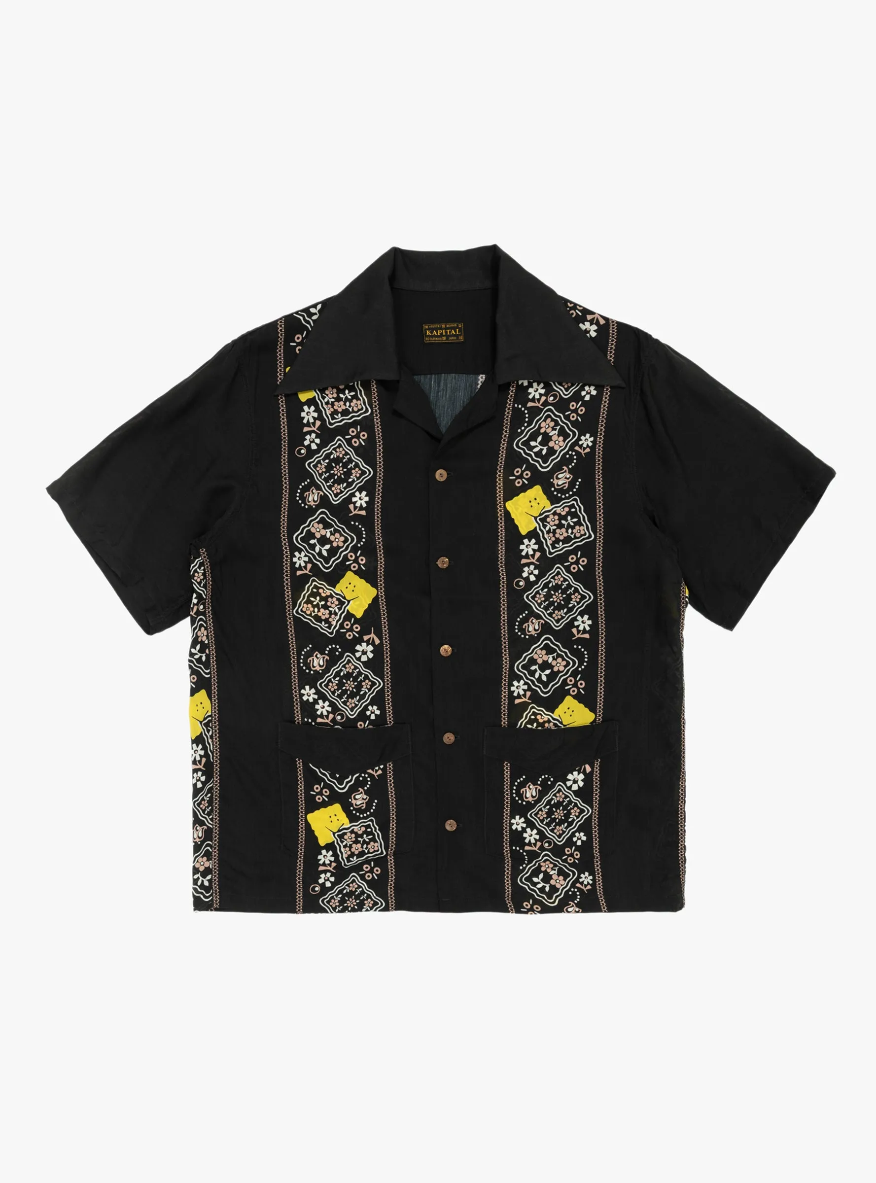 Silk Rayon Peckish Rainbowy Wrangle Cuban Collar Shirt Black