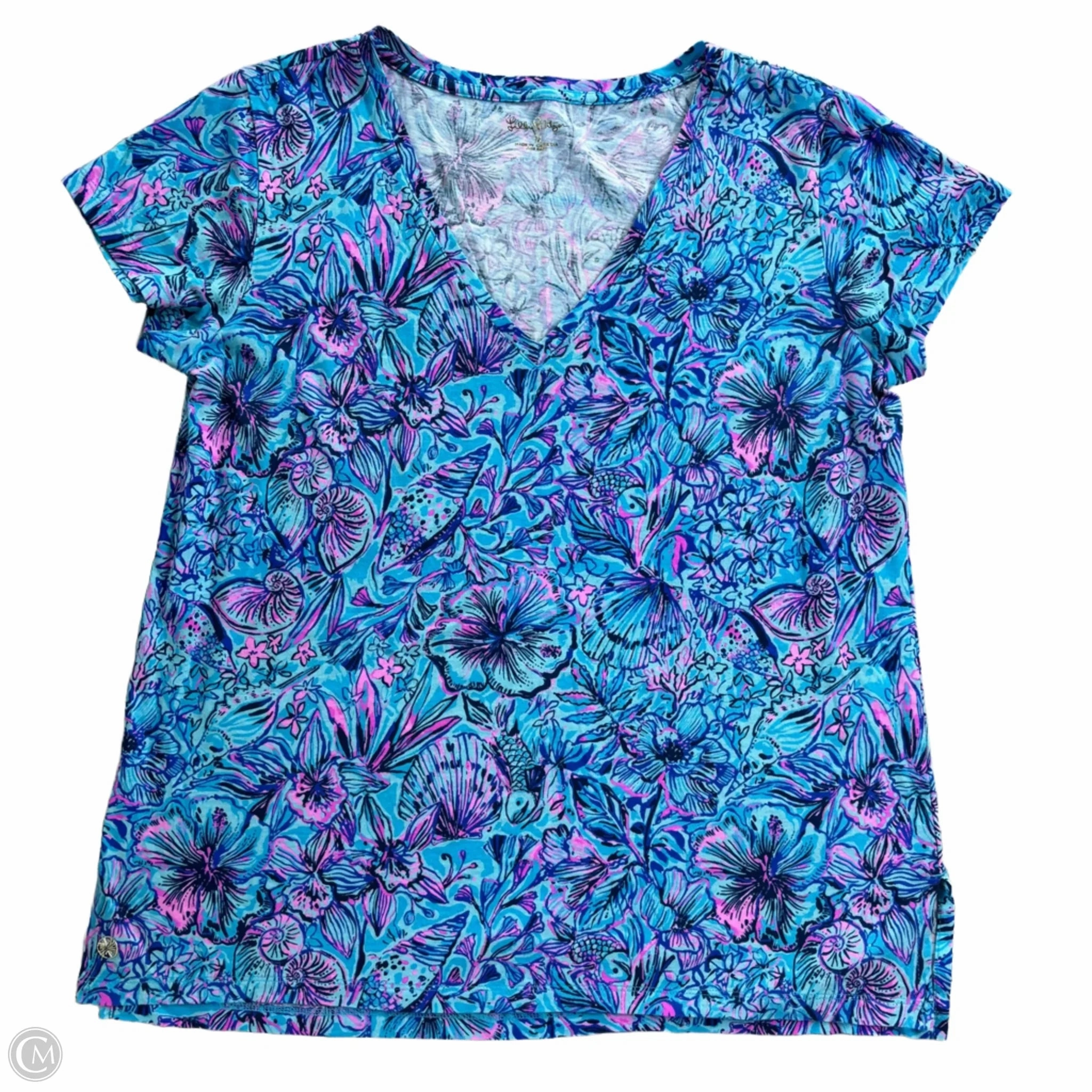 Top Short Sleeve Designer By Lilly Pulitzer In Blue & Purple, Size: M